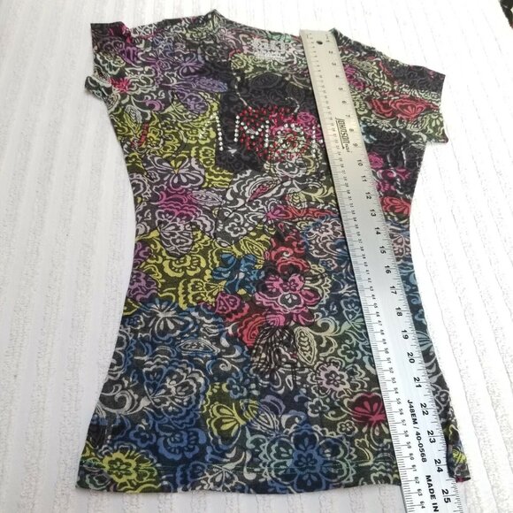 Go Jeans Los Angeles Medium Cap Sleeve Embellished Floral Print Knit Top Casual - Picture 6 of 6